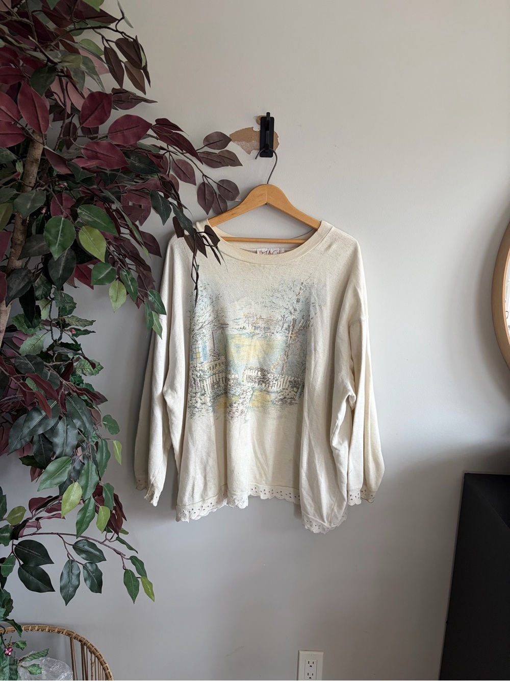 Vintage Cream Scenic Print Long Sleeve Top